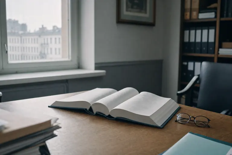 Opengeslagen wetboek op een bureau in een juridisch kantoor bij daglicht