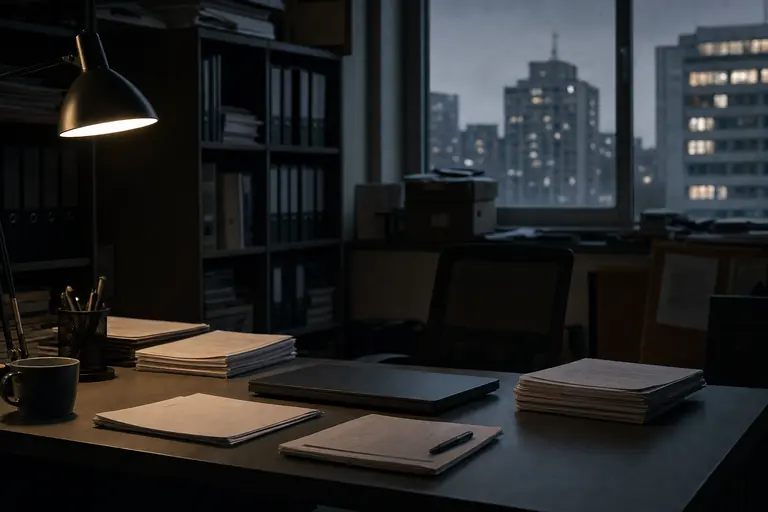 Bureau van een toezichthouder bij avondlicht, met gesloten laptop en stapels dossiers