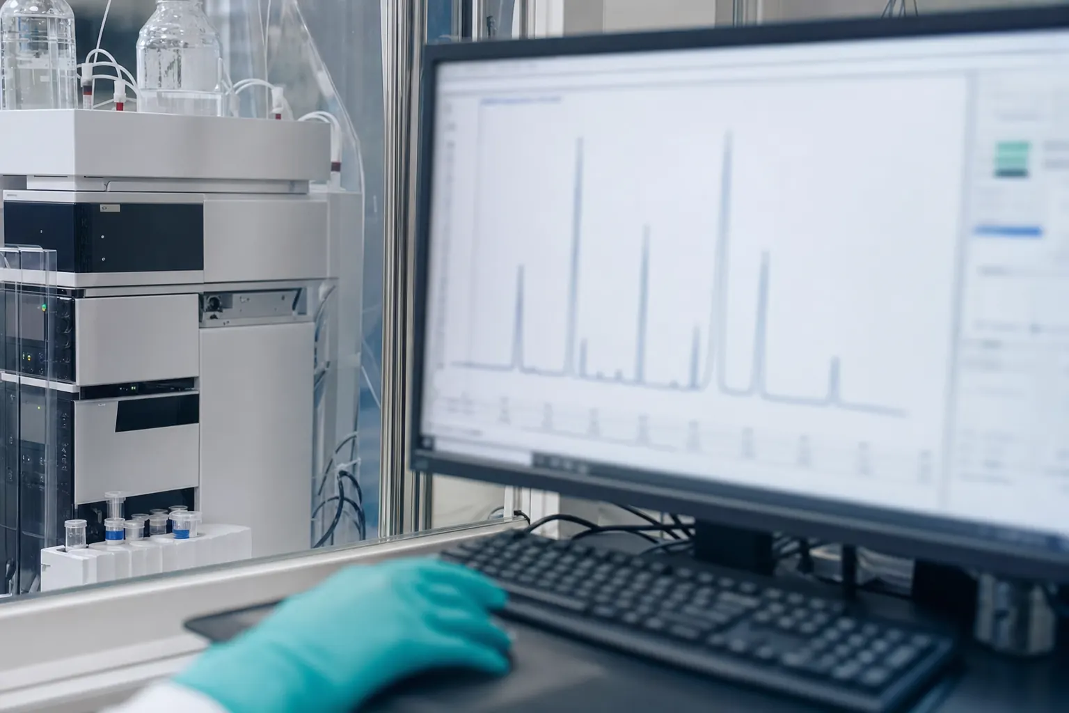 Laboratoriumscherm met een chromatogram naast analyseapparatuur