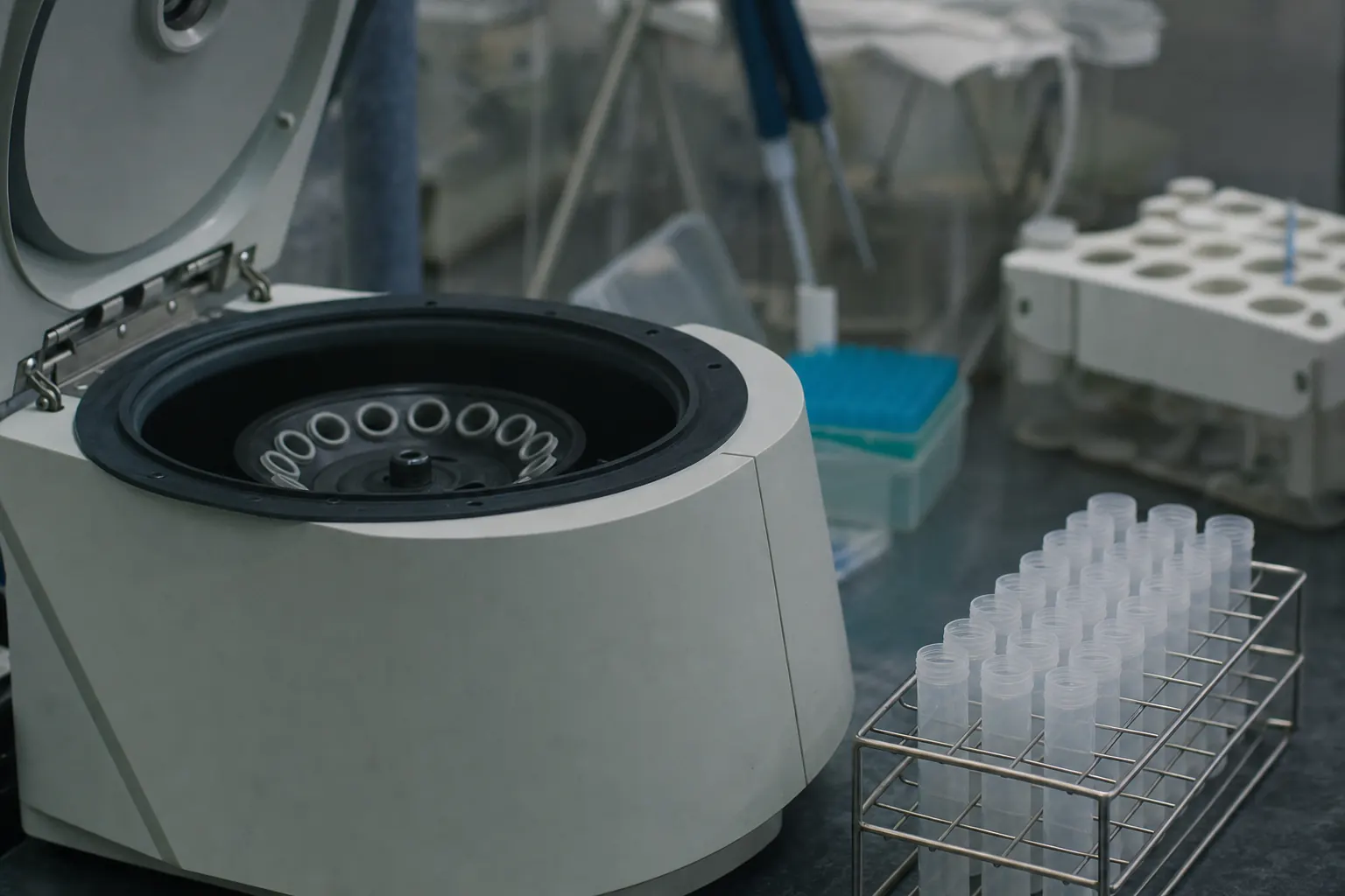 Geopende centrifuge met een rek monsterbuisjes ernaast op een laboratoriumtafel