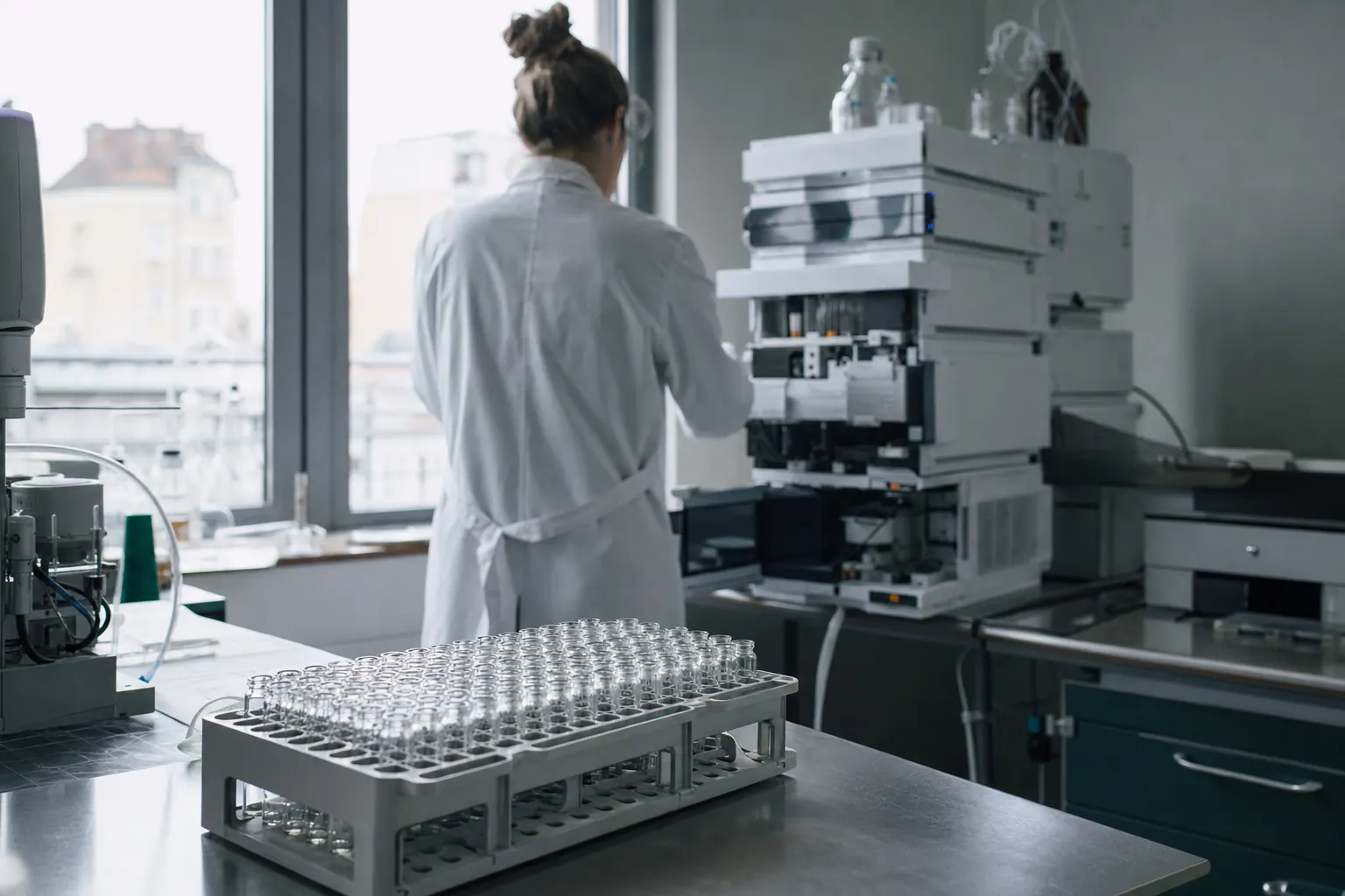 Analytisch laboratorium met een rek monsterflacons op de voorgrond en een onderzoeker bij een chromatografie-instrument