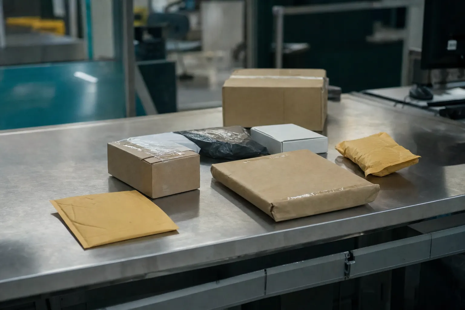 Pakketten en enveloppen op een roestvrijstalen inspectietafel in een postsorteerruimte