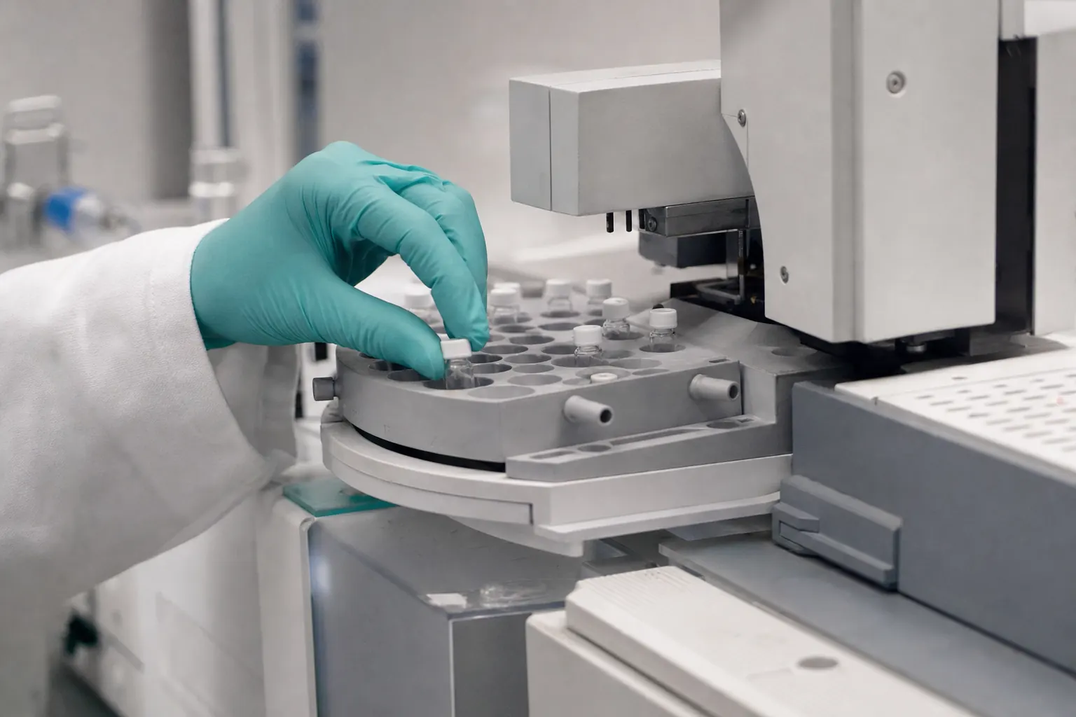 Gehandschoende hand die een monsterflacon in de autosampler van een analyseapparaat plaatst