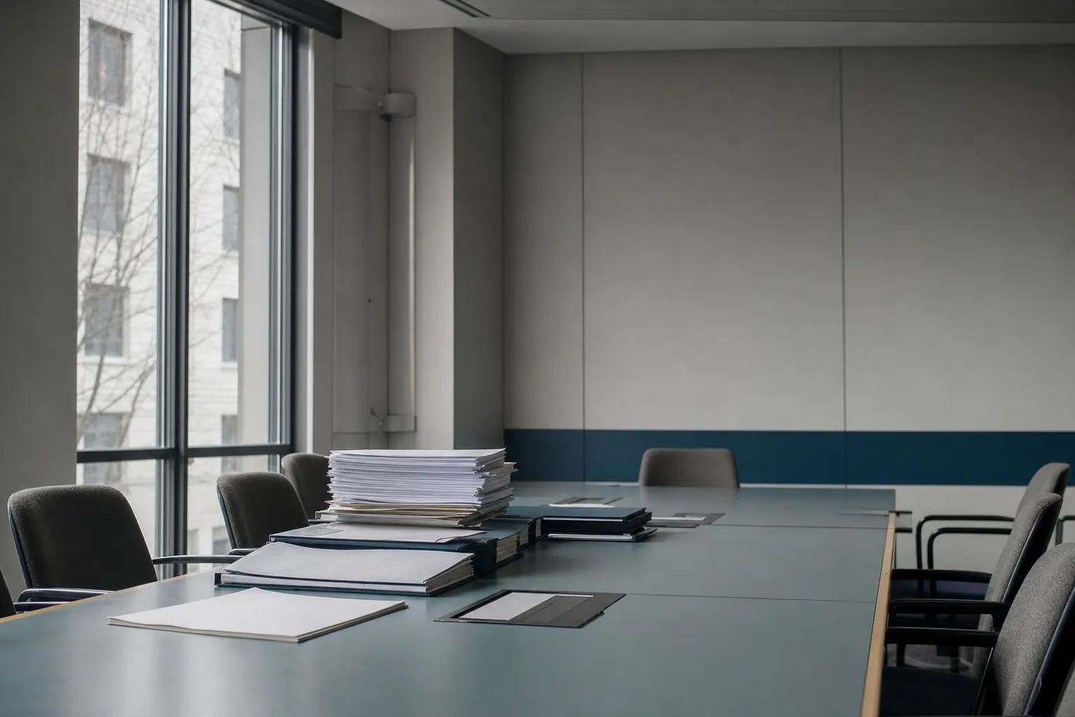 Lege vergaderzaal van een toezichthoudende instantie met stapels dossiers op tafel